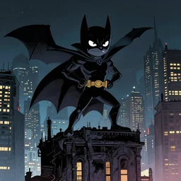 deep focus, a portrait of silly funny bat - mite with a long cape standing on top of a building in gotham city at night, low dramatic angle, confident hero pose, frank miller, jim lee, detailed illustration, neal adams, sin city, intricate, cyberpunk city, danguiz, flat art, sharp, by ilya kuvshinov comic book cover, film still,