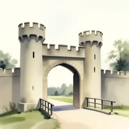 1950s castle gate with drawbridge muted colors. watercolor Jean-Baptiste Monge