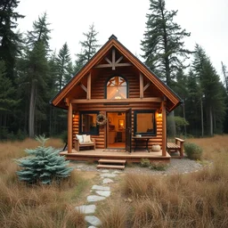 ultra wide angle photograph of cozy hygge tiny cabin with elegant fancy architecture in idyllic cozy field bordering forest