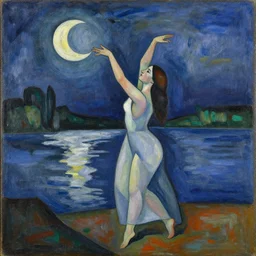 by the river a woman is dancing with her arms reaching towards the moon, abstract art in the style of cubism and georgia o keefe