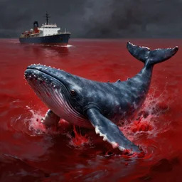 a whale bleeding on a red ocean near to a ship, 3 d render, hiper detailed, dark art, horror art, digital art, realistic painting, high angle, volumetric light, part by beksinski, part by carl gustav carus with red blood brushstrokes by swanland raymond.