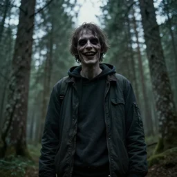 a scary man staring at you with a creepy smile showing his teeth, standing in a swedish forest, very low angle photograph, very detailed, trending on artstation, realistic, soft colorssimon stålenhag, horror, creepy
