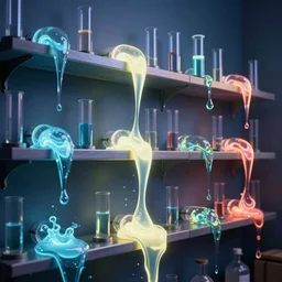 neon glowing liquid spilling from glass tubes all over the shelves by disney concept artists, blunt borders, rule of thirds