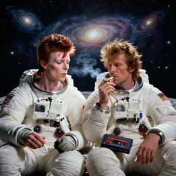 close up portrait of david bowie and astronaut major tom, sit on the dark side of the moon, listen to pink floyd on an old cassette recorder and smoke a joint, enjoying the contemplation of deep space with millions of galaxies : eremy mann and alphonse mucha, photo realistic, dynamic lighting, windy, artstation, poster, dreamy, volumetric lighting, ethereal, 4 k, high detail,