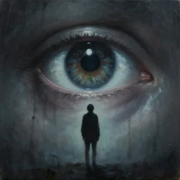 standing at the eye of a giant being, silent hill, psychological horror, oil painting, atmospheric, eyes