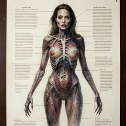 teen Angelina Jolie, Highly detailed labeled medical anatomy poster of a true horror, Anatomical drawing on poster paper with notes, well-lit, ray tracing, detailed, Horror, eldritch abomination, forbidden-knowledge,-H 768