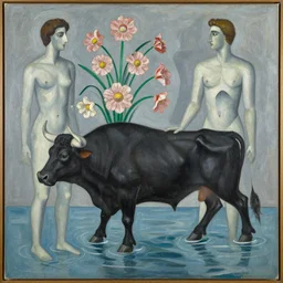 water, flowers, bull, by dan mumford and umberto boccioni, oil on canvas