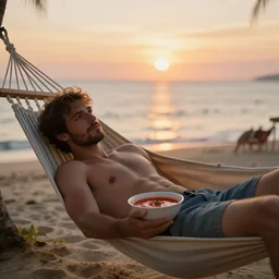 a portrait of a man laying on a hammock on the beach with a bowl containing tomato soup, highly detailed, sunset, sea in background, trending on artstation, bokeh, 9 0 mm, f / 1. 4
