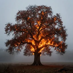 an oak tree aflame, still, fog in background, dantes inferno, evil album cover