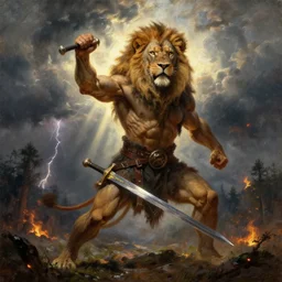 muscular lion as barbarian with sword in epic pose and strong backlight  , very textured detailed oil painting panoramic backlight portrait by rembrandt, backlight, dramatic clouds, thunder storm and forest on fire  ,sun rays