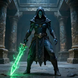 vfx film, photorealistic render, soul reaver, raziel irl, price of persia movie, missing jaw, hero pose, devouring magic souls, scarf, hood, glowing green soul blade, in epic ancient huge underground temple, dark blue skin, stonehenge, flat color profile low - key lighting award winning photography arri alexa cinematography, hyper real photorealistic cinematic, atmospheric cool colorgrade