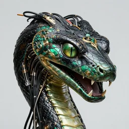 ornated futuristic, snake head shot by iris van herpen, black, emerald, gold biomechanical details, epic bionic cyborg snake implants, masterpiece, intricate, biopunk, vogue, highly detailed, artstation, concept art, octane render a lot of cables and wires around, ayami kojima, francis bacon, amano, karol bak, greg hildebrandt, takato yamamoto