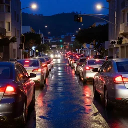 cars waiting for traffic light in san francisco at night, long exposure, taillights, puddles, reflections, hills