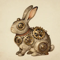 Ancient Japanese art of a diagram of a steampunk rabbit with gears for eyes