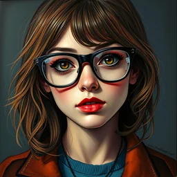 a modern painting of a nerdy young woman with big glasses in the style of tim bradstreet, sharp focus, realism, intricate detail