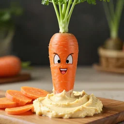 a photo of a carrot, carrot vegetable fusion with goku from dragon ball's face on the carrot, dipping carrot in hummus