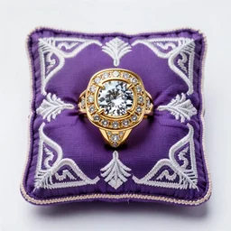 steampunk style gold and diamond ring artstation ultra detailed render centered on purple cushion with intricate white embroidery