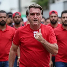 Jair bolsonaro running scared from a group of people dressed in red