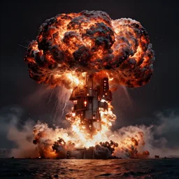 atomic bomb expoding over a body of water, cyberpunk doomsday weapon, mushroom cloud, nuclear fallout, no survivors, fantasy concept art, hyper realistic illustration, symetrical complex fine detail, 8 k, sinister, artstation, unreal engine,