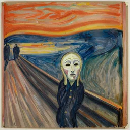 tempera, on cardboard, by edvard munch in the style of the scream, sacred figure, wearing ffp!!! 2 masks, painting 1 8 9 3