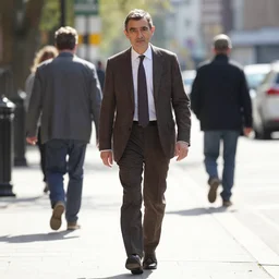 mr. bean walks down a street on a sunny day by antonio donghi