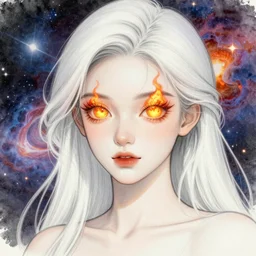 a sketch, ultra detailed, colorful, magic, cosmos, beautiful woman, eyes with fire, similar to jennifer laurence, surreal, in style of jean - michel basquiat, trending on artstation
