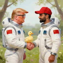 donald trump and a young ducktail - bearded middle eastern american male with black wayfarer glasses and red baseball hat facing each other off dressed in spaceship pilot dresses shaking hands, portrait, illustration, rim light, top light, perfectly shaded, spring time, slight overcast lighting, soft painting, art by krenz cushart and wenjun lin
