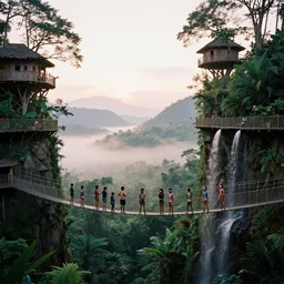 an island of jungle cliffs with treehouses atop. tiered catwalks and rope bridges. kids in colorful war paint standing on the rope bridges. foggy valley and mountains fading into the distance, at sunset. waterfalls. neverland. 3 5 mm portrait film.
