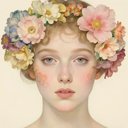 a lot of different flowers morphing in a beautiful girls face, film still by wes anderson, depicted by balthus, limited color palette, very intricate, art nouveau, highly detailed, lights by hopper, soft pastel colors, minimalist