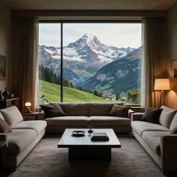 fantastical living room with switzerland landscape in the window by marc adamus, beautiful dramatic lighting