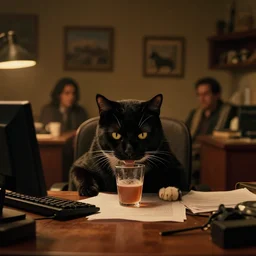 cat detective drinking at his office, zenith view, warm color palette, night time, dramatic lighting, noir film, fine details, high contrast, blacksad, juan diaz canales, juanjo guarnido, greg rutkowski, trending on artstation, 8 k, ultra wide angle