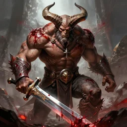 mutant man with sword, fantasy boss, dramatic illustration, muscular character, a lot of blood, huge horns, art by greg rutkowski, digital art, artstation, hyper detailed, smotth, sharp focus