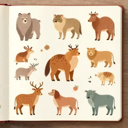 artistic animated stylized study page of animals