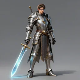Full body picture, Male Holosmith, DND, D&D, holographic blade, steampunk-esque!, silver armor, glasses, extremely detailed, by WLOP, Rossdraws, genzoman and Frank franzzeta, trending on artstation, artstationHQ, artstationHD, cgsociety, 16K, HD