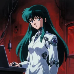 early 9 0's anime movie still : : shadow dystopian interior art : : long teal haired biomechanical science woman researcher : : somber far future cables lab red and black background : : watching seriously