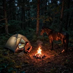 a man is camping in the woods, it is night and there is a small campfire next to his sleeping bag, his horse stands tethered nearby, we view this from above from a birds eye perspective, cinematic lighting
