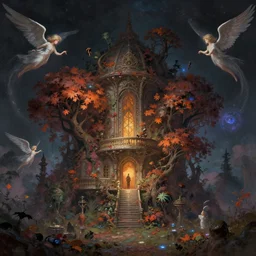 Hell and heaven, inter dimensional villa, a heart full of envy, The Autumn Plague Gardener, Some cosmic angels, digital painting, its softness partakes of fluidity, illustration, deep dark, artstation, intricate, biodiversity in a world of change and constancy, ue5, by deiv calviz and bossmonsterbani