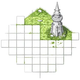 grass, ground, rock, wizard's tower, grid of individual tiles from tileset, lineart