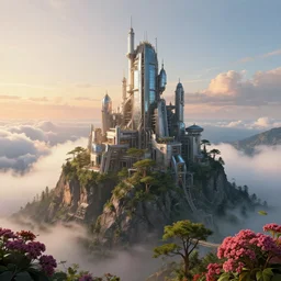 illustration of a futuristic castle made of metal and glass on top of a mountain, grown trees, sumner flowers, oceanside, cloud, wide angle, sunrise, featured on artstation, detailed, scifi, greg rutkowski, cinematic