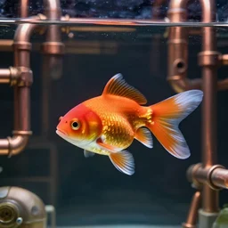 goldfish floating in space with complicated copper piping behind it