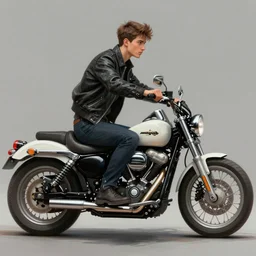 a young handsome guy, riding a white harley. intricate, elegant, highly detailed, digital painting, artstation, concept art, sharp focus, illustration, by justin gerard and artgerm, 8 k