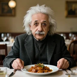 a portrait of albert einstein sitting at the dining table with a plate containing manchurian in front of him, highly detailed, trending on artstation, bokeh, 9 0 mm, f / 1. 4