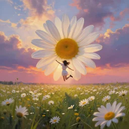 giant daisies flower as head, girl jumping in a flower field, surreal photography, sunrise, dramatic light, impressionist painting, colorful clouds, digital painting, artstation, simon stalenhag