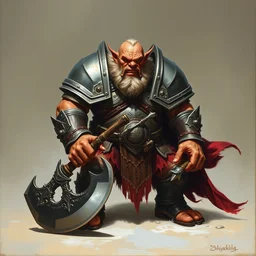 ogre warrior wearing plated armor who is holding a battle axe in the style of warhammer fantasy : : head and torso oil painting