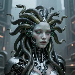 photorealistic portrait of a cyborg gorgon medusa with borg implants and mechanical snakes coming out of her head. Tiny green led lights in her cybernetics. Dystopian city in the backgeound. very detailed, 8k