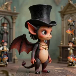 profile portrait toy devil with bat wings wearing a top hat, nicoletta ceccoli, mark ryden, lostfish, max fleischer, depth of field, detailed and intricate victorian london environment, 8 k resolution, hyperrealistic, octane render