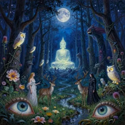 painterly dreamy Kupala Night in the blue forest with trees, giant eyes in the grass, giant flowers, glowing owls, deers, women, lianas, thistles, giant fantasy creatures, a stream and sky with moon and stars, glowing Buddha in the center of the forest in the moment of enlightenment who remembered his previous horrifying amount of lifes, by Beksinski, Alex Grey, Aron Wiesenfeld and Giger dark fantasy, witcher, very detailed oil painting in the alla prima style, masterpiece, 8k