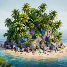 plastic beach island lush vegetation caustics fluid simulation lighting impressive colorful masterpiece graffiti hyper perspective textured detailed intricate sharp focus 8 k octane render nvidia raytracing demo