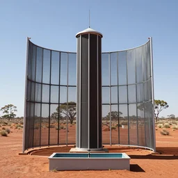 symmetrical modular atmospheric water collector tower, electrostatic fog collector wall, fine sailcloth mesh, windtrap, with irrigation reservoir in the australian red desert, simple composition, rule of thirds, photorealistic scientific documentary