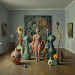 a bunch of strange looking objects in the middle of a room, a surrealist painting by brian despain and pascal blanche, cgsociety, pop surrealism, dystopian art, surrealist, fractalism